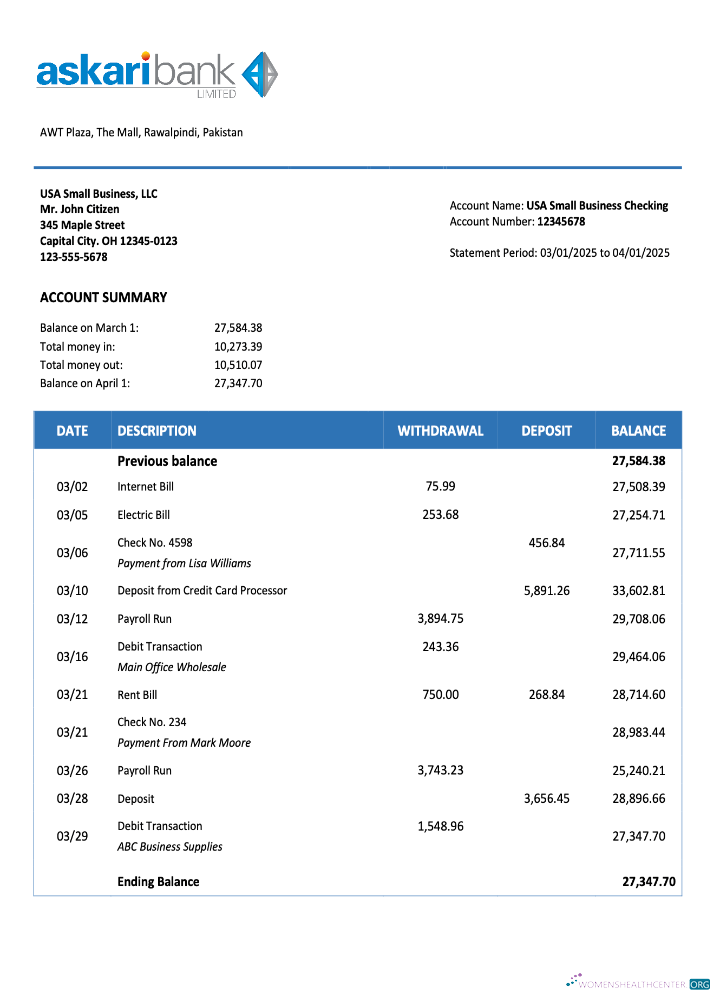Pakistan Askari Bank business checking account statement Word and PDF template